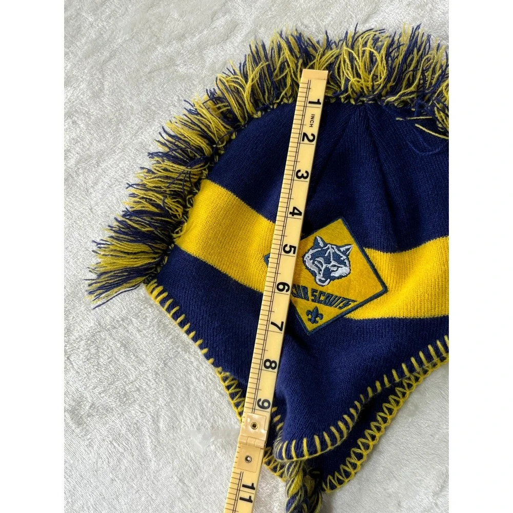 Official BSA Cub Scout Wolf Mohawk Winter Beanie Hat Earflap Tassels Youth Blue